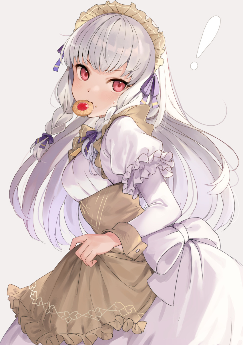 ! 1girl apron blush brown_apron commentary dress fire_emblem fire_emblem:_three_houses fire_emblem_heroes food food_in_mouth grey_background haru_(nakajou-28) highres juliet_sleeves long_hair long_sleeves looking_at_viewer lysithea_von_ordelia lysithea_von_ordelia_(tea_party) maid maid_headdress mouth_hold official_alternate_costume pink_eyes puffy_sleeves simple_background solo waist_apron white_dress white_hair