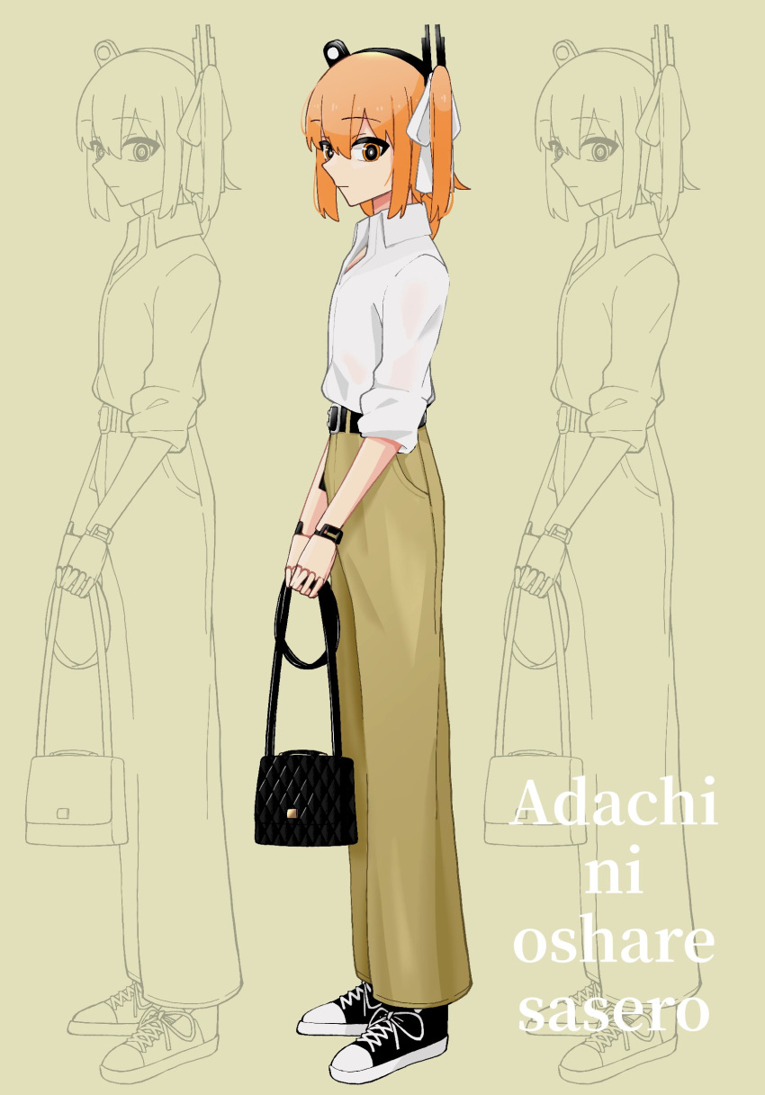 1girl a.i._voice adachi_rei alternate_costume android bag belt black_belt brown_pants closed_mouth dress_shirt expressionless fashion from_side full_body headlamp highres holding holding_bag joints long_hair looking_at_viewer looking_to_the_side one_side_up orange_eyes orange_hair pants partially_colored popped_collar radio_antenna raised_eyebrows recurring_image robot_joints romaji_text sabiwo see-through see-through_shirt shirt shirt_tucked_in shoes shoulder_bag sidelocks simple_background sleeves_rolled_up sneakers solo standing utau white_shirt yellow_background