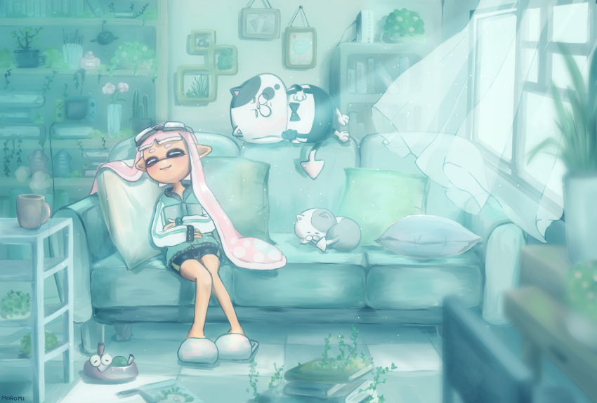 1girl big_man_(splatoon) black_shorts blue_jacket blunt_bangs blurry blurry_foreground blush book book_stack bookshelf bowl cable cactus closed_eyes closed_mouth commentary_request couch cup curtains depth_of_field flower flower_pot goggles goggles_on_head handheld_game_console harmony's_clownfish_(splatoon) highres holding holding_book indoors inkling inkling_girl jacket jellyfish_(splatoon) judd_(splatoon) li'l_judd_(splatoon) light_particles light_rays long_hair long_sleeves lying moromi_(kscd4482) mug nintendo_switch on_couch pet_bowl picture_frame pillow pink_flower pink_hair plant pointy_ears potted_plant scenery shelf short_eyebrows short_shorts shorts sidelocks sitting sleeping sleeping_upright slippers smallfry_(splatoon) smile splatoon_(series) steam tentacle_hair tile_floor tiles vase very_long_hair vines white_footwear window