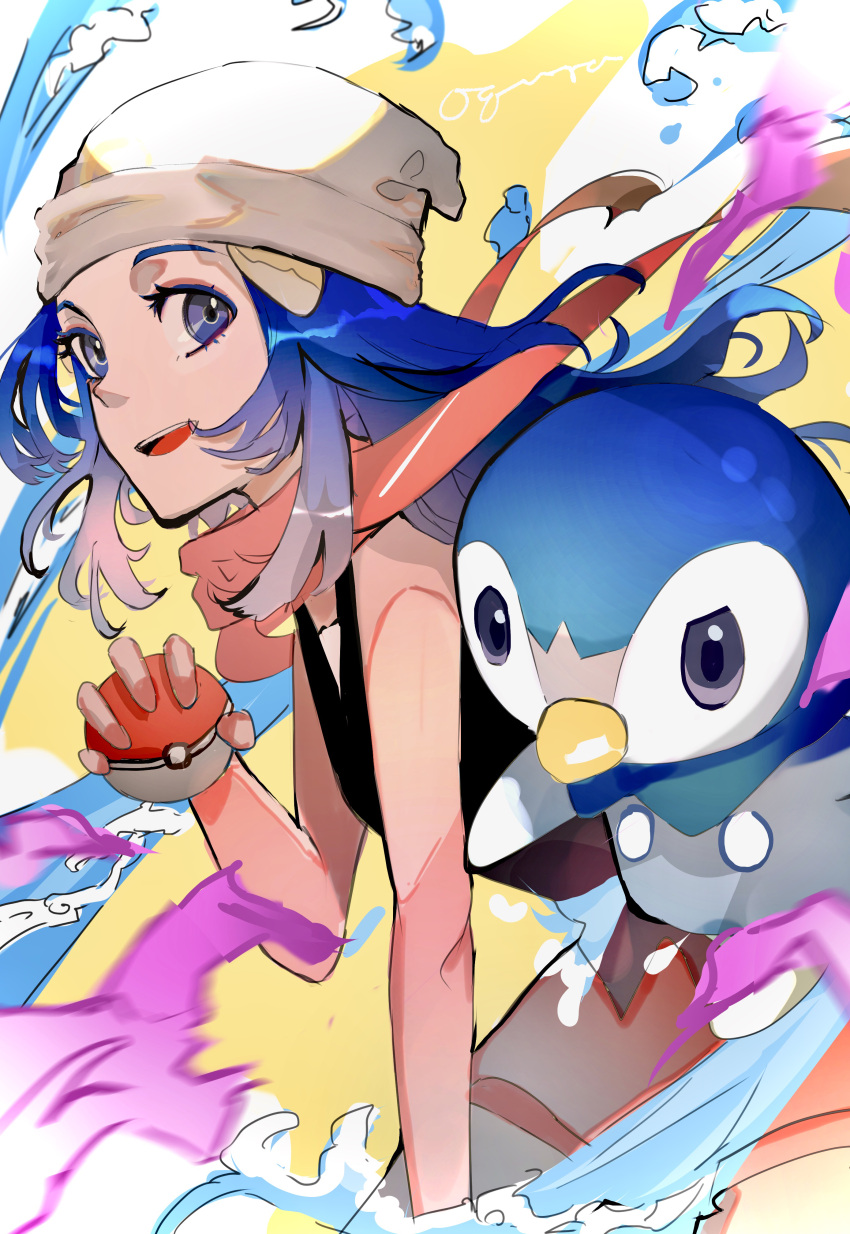 1girl absurdres beanie black_shirt blue_hair commentary_request grey_eyes hat highres hikari_(pokemon) holding holding_poke_ball long_hair looking_at_viewer ogura_aoi open_mouth orange_scarf piplup poke_ball pokemon pokemon_(game) pokemon_bdsp pokemon_dppt scarf shirt sleeveless sleeveless_shirt smile solo teeth tongue upper_teeth_only white_headwear