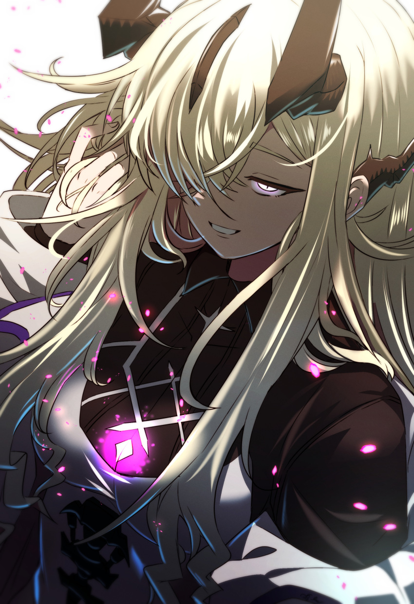 1girl absurdres arknights black_shirt blonde_hair breasts commentary_request dress eblana_(arknights) glowing hair_over_one_eye half-closed_eyes hand_up highres horns long_sleeves looking_at_viewer medium_breasts samacho shirt simple_background smile solo violet_eyes white_background white_dress