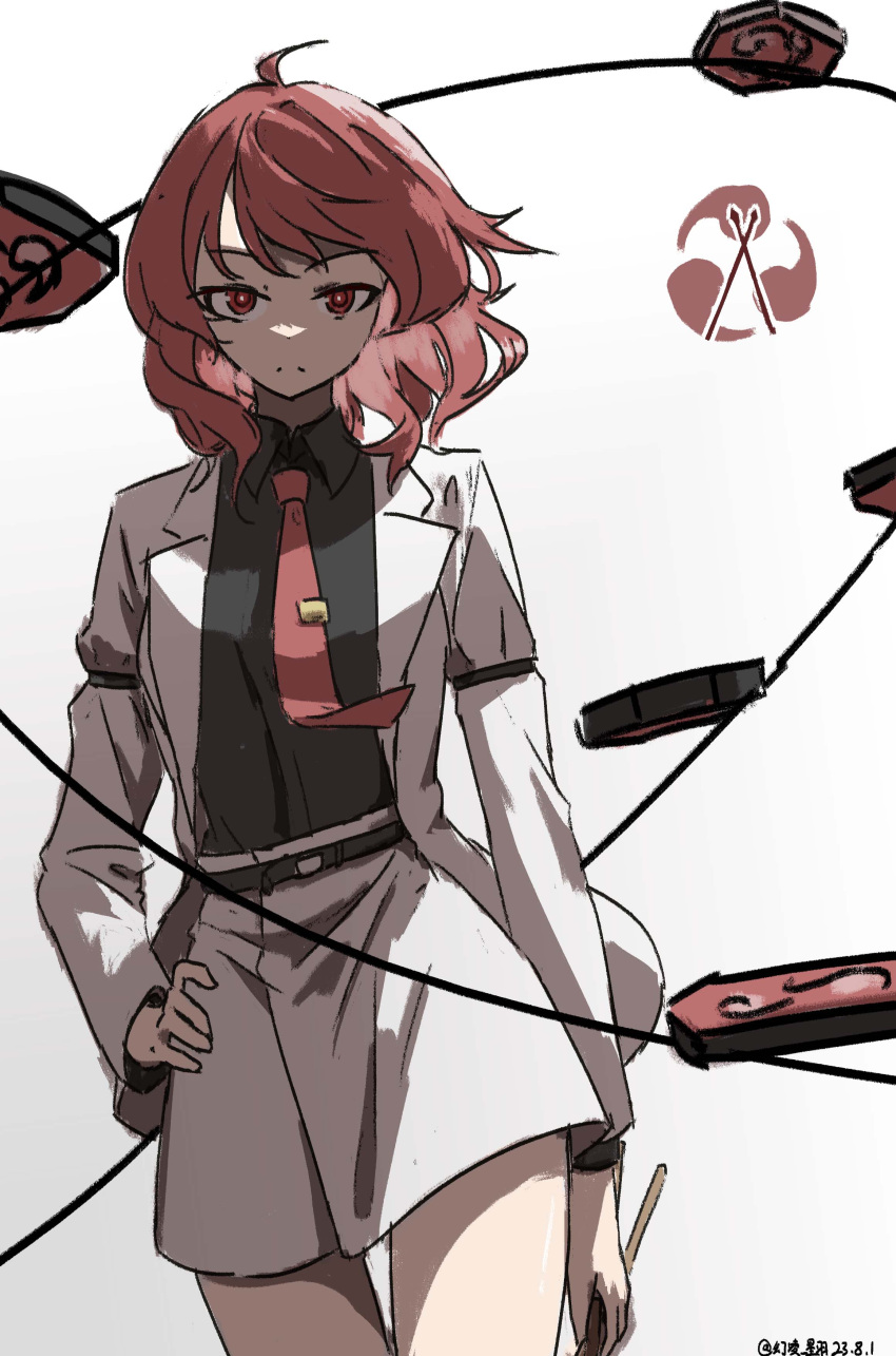 1girl absurdres ahoge black_shirt closed_mouth collared_shirt commentary_request drum drum_set hand_on_own_hip highres horikawa_raiko instrument jacket long_sleeves looking_at_viewer necktie one-hour_drawing_challenge red_eyes red_necktie redhead shirt short_hair skirt solo touhou ve1024 white_background white_jacket white_skirt
