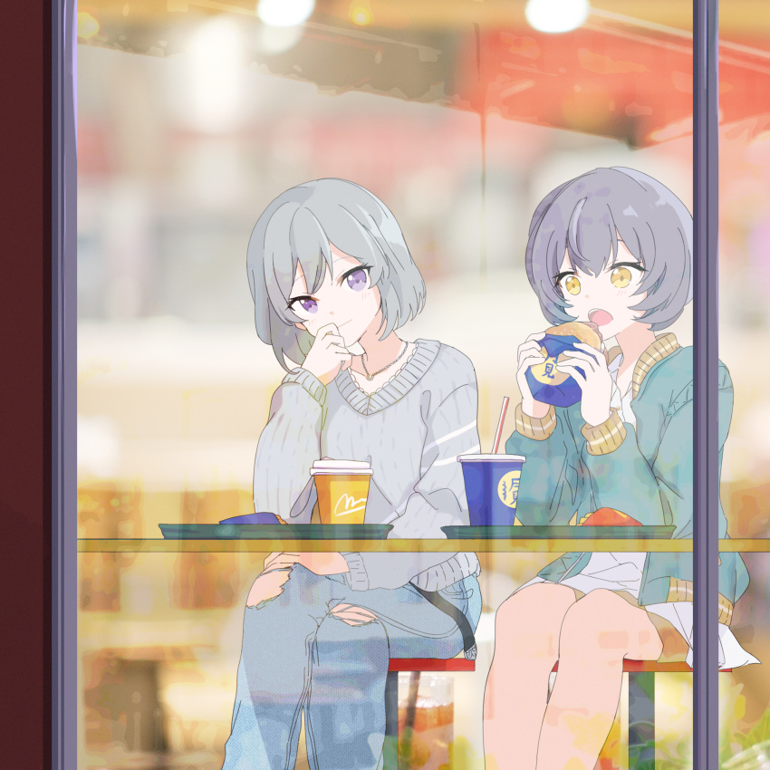 2girls blue_pants bob_cut burger closed_mouth collared_jacket cup denim disposable_cup drink drinking_straw eating food green_jacket grey_hair grey_sweater hair_between_eyes hand_on_own_chin head_rest highres holding holding_food idoly_pride igawa_aoi indoors jacket jeans kanzaki_rio leaning_on_table legs_together long_bangs long_sleeves looking_at_another miniskirt multiple_girls open_clothes open_jacket open_mouth pants pleated_skirt restaurant side-by-side sidelocks sitting skirt smile stool sweater table teeth torn_clothes torn_jeans torn_pants tray upper_teeth_only violet_eyes watameki_(pixiv_33969409) white_skirt window yellow_eyes