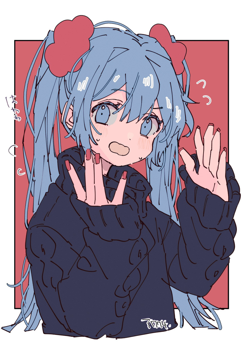 1girl artist_name black_sweater blue_eyes blue_hair bokarokaku cable_knit cropped_torso fingernails flying_sweatdrops hands_up hatsune_miku highres light_blush long_fingernails long_hair long_sleeves nail_polish open_mouth red_background red_nails red_scrunchie scrunchie sleeves_past_wrists solo sweat sweater twintails upper_body vocaloid white_background