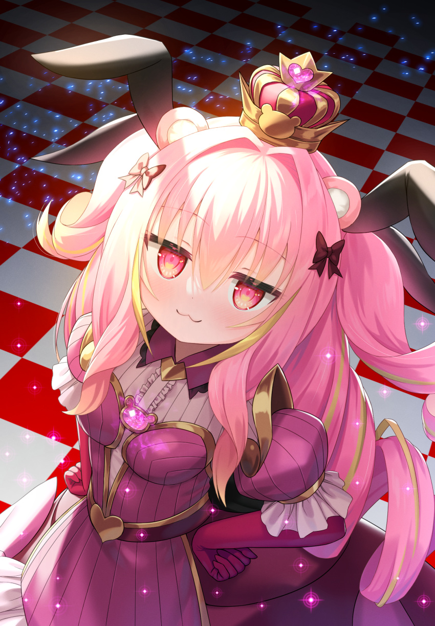 1girl :3 alternate_costume alternate_hairstyle animal_ears bettle_(b_s_a_n) blush breasts commentary_request crown gem gloves hair_between_eyes hair_ornament highres himekuma_ribon looking_at_viewer medium_breasts monster_company multicolored_hair pink_hair re:act red_eyes ribbon solo streaked_hair tile_floor tiles virtual_youtuber