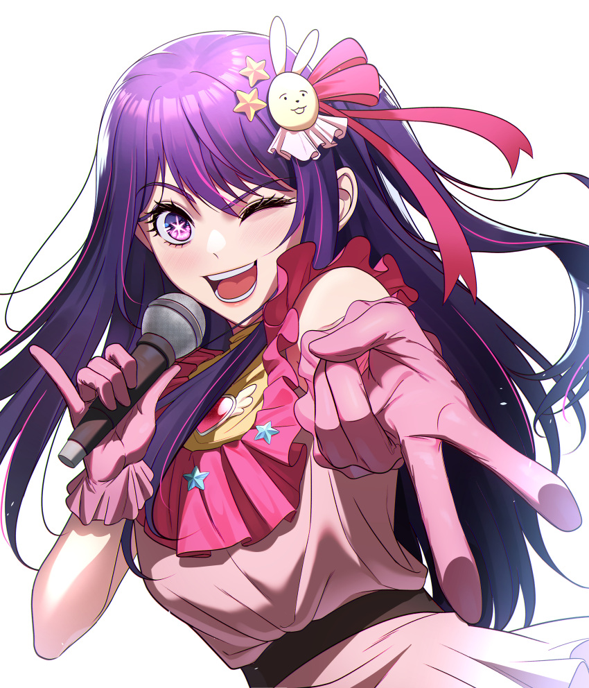 1girl ;d absurdres dress floating_hair frilled_gloves frills gloves gyaru_v hair_ornament hair_ribbon highres hj_(leeho830) holding holding_microphone hoshino_ai_(oshi_no_ko) long_hair looking_at_viewer microphone one_eye_closed one_side_up open_mouth oshi_no_ko outstretched_arm pink_dress pink_gloves pinky_out purple_hair rabbit_hair_ornament ribbon sidelocks simple_background sleeveless sleeveless_dress smile solo star_(symbol) star_hair_ornament star_in_eye symbol_in_eye teeth upper_body v violet_eyes white_background
