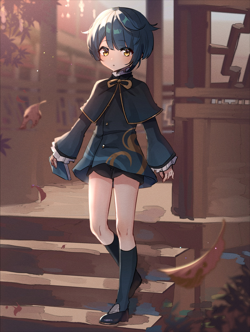1boy aged_down blue_hair chinese_clothes full_body genshin_impact highres male_child male_focus outdoors rojione short_hair shorts solo stairs thighs xingqiu_(genshin_impact) yellow_eyes
