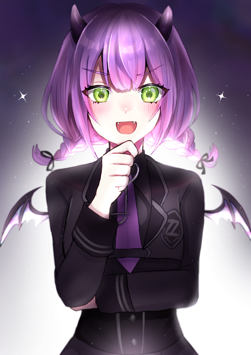 1girl absurdres bat_wings black_jacket blush commentary crossed_arms fangs green_eyes hand_on_own_chin hand_up highres hololive horns hyosei_ek jacket long_sleeves looking_at_viewer low_twintails mini_wings necktie open_mouth purple_hair purple_horns purple_necktie smile solo straight-on tokoyami_towa twintails upper_body virtual_youtuber wings
