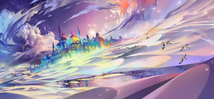 absurdres arabian_architecture bird camel castle clouds desert gradient_sky highres luo_kong no_humans official_art purple_sky reflection reflective_water sand scenery sky star_(sky) starry_sky the_tale_of_food water
