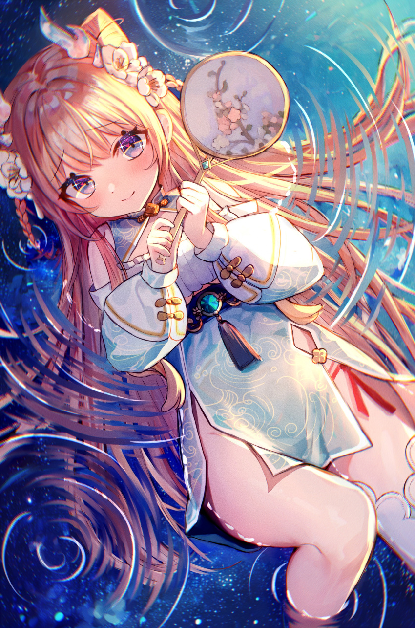 1girl absurdres awu_(vtuber) blue_background blue_dress blue_eyes blush braid breast_curtains breasts china_dress chinese_clothes closed_mouth cone_hair_bun cowboy_shot double_bun dragon_horns dress dutch_angle flower from_above hair_bun hair_flower hair_ornament hand_fan hand_up highres holding holding_fan horns knee_up long_hair long_sleeves looking_at_viewer lying millkoi nijisanji orange_hair puffy_long_sleeves puffy_sleeves ripples short_dress single_thighhigh smile solo sparkling_eyes tassel thigh-highs tuanshan twin_braids under_boob very_long_hair virtuareal water wave_print white_footwear white_thighhighs