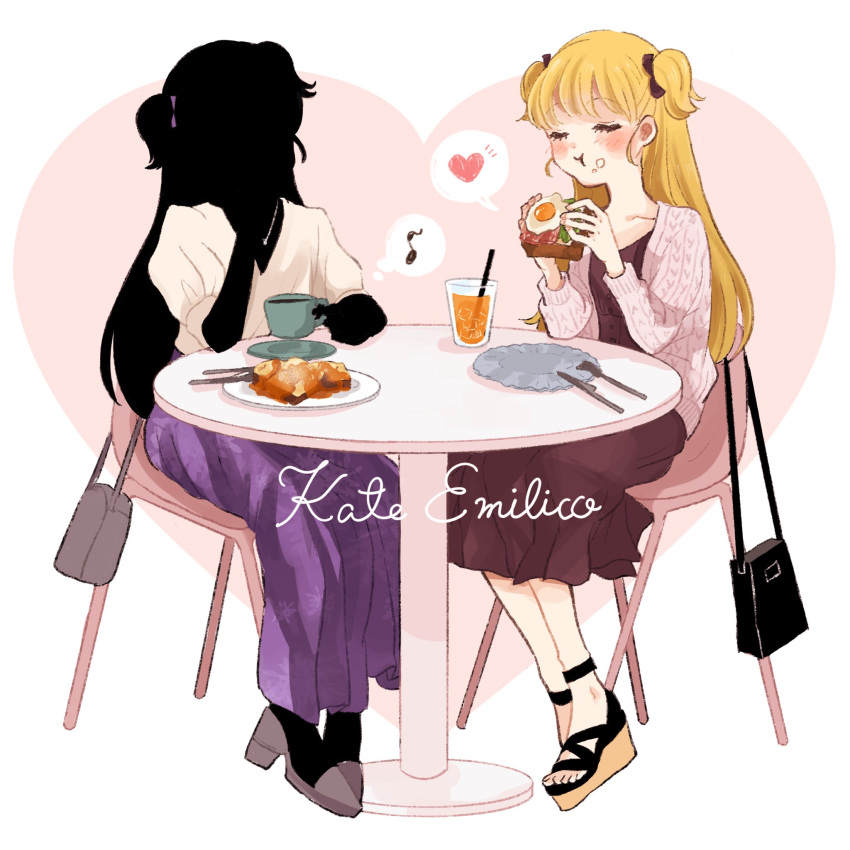 2girls :t bag black_hair blonde_hair bow brown_bow brown_dress cardigan casual chair character_name closed_eyes coffee cup dating dress eating emilico_(shadows_house) food food_on_face fried_egg fried_egg_on_toast full_body hair_bow hand_up handbag hands_up head_rest heart heart_background high_heels highres holding holding_cup holding_food jewelry kate_(shadows_house) knife long_hair multiple_girls musical_note necklace okayuume10 plate platform_footwear puffy_short_sleeves puffy_sleeves purple_bow purple_skirt saucer shadow_(shadows_house) shadows_house short_sleeves sitting skirt spoken_heart spoken_musical_note table two_side_up v-neck white_background