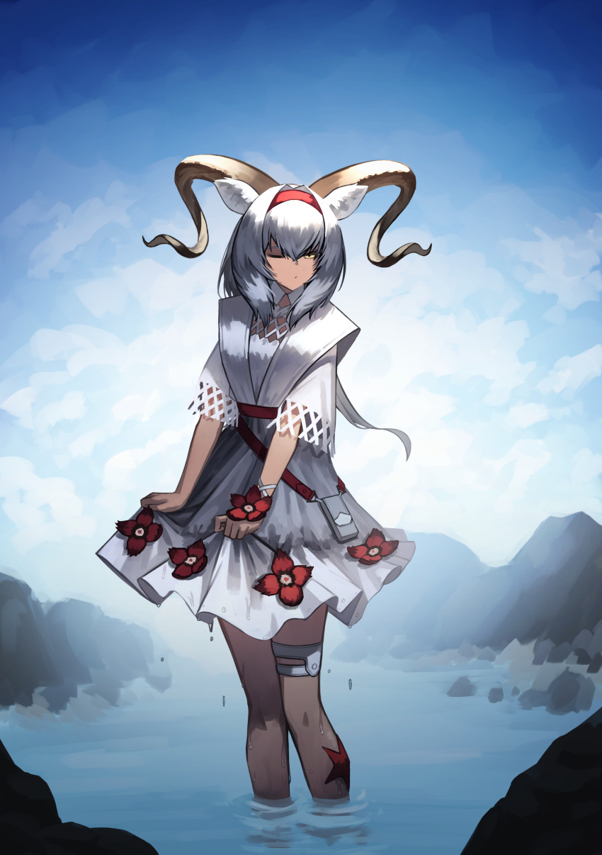 1girl absurdres animal_ear_fluff animal_ears arknights beeswax_(arknights) blue_sky closed_mouth clouds dark-skinned_female dark_skin day dress english_commentary flower grey_hair hair_between_eyes hair_intakes hairband highres horns kimsuwan2013 long_hair looking_at_viewer one_eye_closed outdoors red_flower red_hairband short_sleeves sky solo standing very_long_hair wading water white_dress yellow_eyes