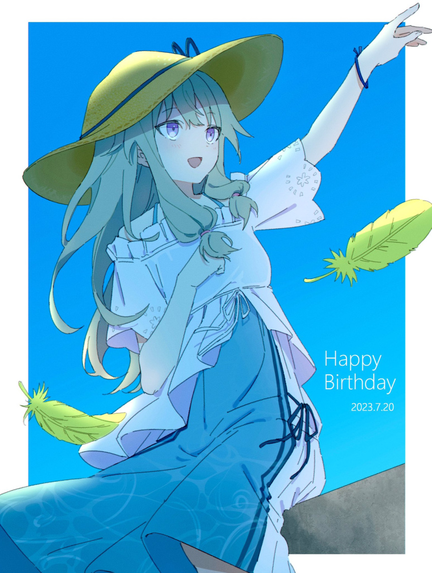 1girl arm_up border bracelet commentary_request dated dress feathers green_feathers green_hair happy_birthday hat highres jewelry kanaria_wa_kyuukyou_ni_utau_(project_sekai) kusanagi_nene long_hair low_tied_sidelocks n_ps_7 official_alternate_costume open_mouth outside_border project_sekai shorts solo sun_hat violet_eyes white_border