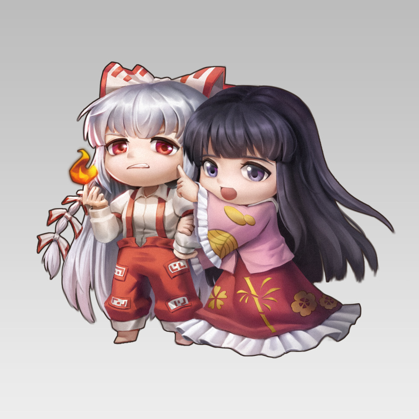 2girls bamboo_print barefoot black_eyes black_hair blunt_bangs bow chibi chinese_commentary clenched_teeth collar collared_shirt commentary_request fire floral_print frilled_skirt frilled_sleeves frills frown fujiwara_no_mokou gradient_background grey_background hair_bow hand_on_own_hip highres hime_cut holding_another's_arm houraisan_kaguya ina_zuma long_hair long_skirt long_sleeves multiple_girls multiple_hair_bows ofuda ofuda_on_clothes open_mouth pants pink_shirt pointing red_eyes red_pants red_skirt red_trim shirt skirt sleeve_garter smile suspenders teeth thick_eyebrows touhou v-shaped_eyebrows very_long_hair white_bow white_collar white_hair white_shirt wide_sleeves yuri