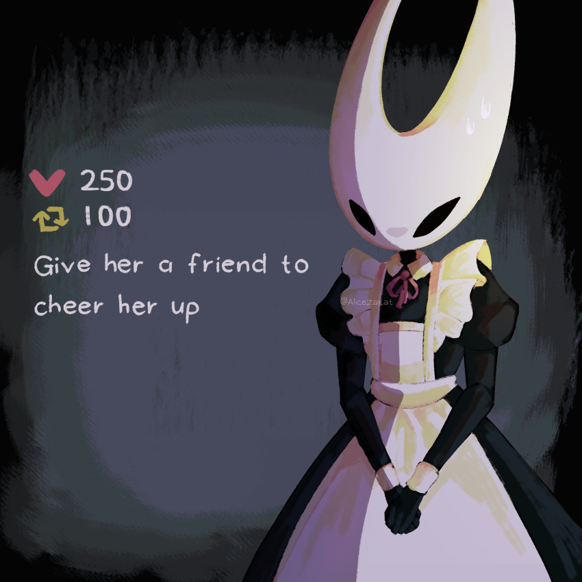 1girl alicezakat alternate_costume apron arrow_(symbol) arthropod_girl artist_name black_dress black_eyes black_skin blank_eyes collared_dress colored_skin commentary dress english_commentary english_text flat_chest frilled_apron frills grey_background heart highres hollow_knight hornet_(hollow_knight) juliet_sleeves like_and_retweet long_dress long_sleeves maid maid_apron neck_ribbon nervous own_hands_together puffy_sleeves red_ribbon ribbon simple_background standing sweat twitter_username watermark white_apron
