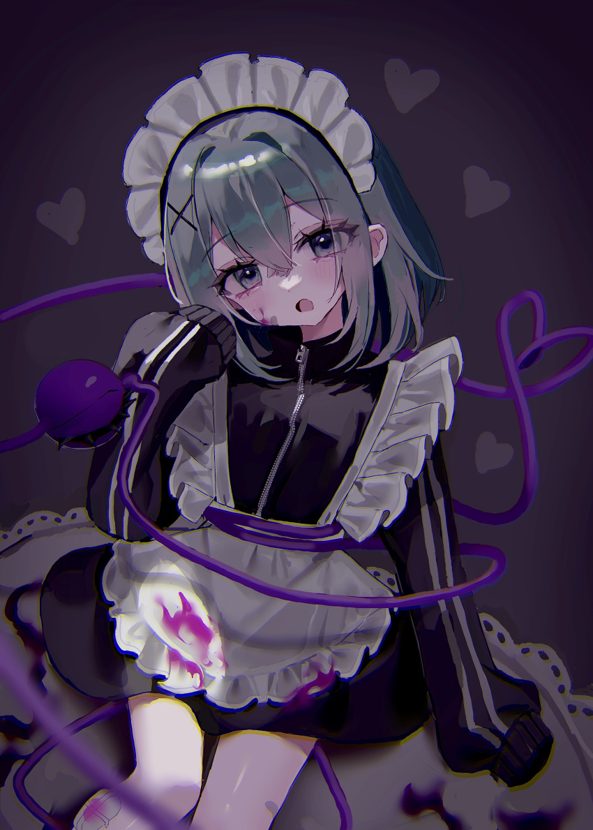 1girl absurdres alternate_costume apron black_jacket blush enmaided feet_out_of_frame frilled_apron frills green_eyes green_hair hair_between_eyes hair_ornament heart heart_of_string highres jacket jersey komeiji_koishi maid maid_apron maid_headdress open_mouth short_hair sleeves_past_fingers sleeves_past_wrists solo third_eye touhou white_apron x_hair_ornament yumeno_ruruka