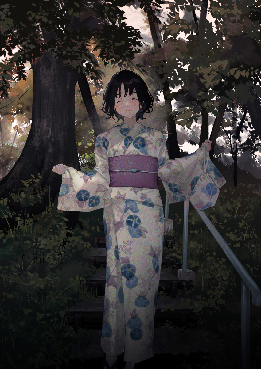 1girl absurdres bag black_hair blush clenched_hands closed_eyes closed_mouth floral_print forest hands_up highres holding holding_bag japanese_clothes kento_matsuura kimono long_sleeves medium_hair nature obi original outdoors pink_sash sash satchel solo stairs standing stone_stairs white_kimono wide_sleeves