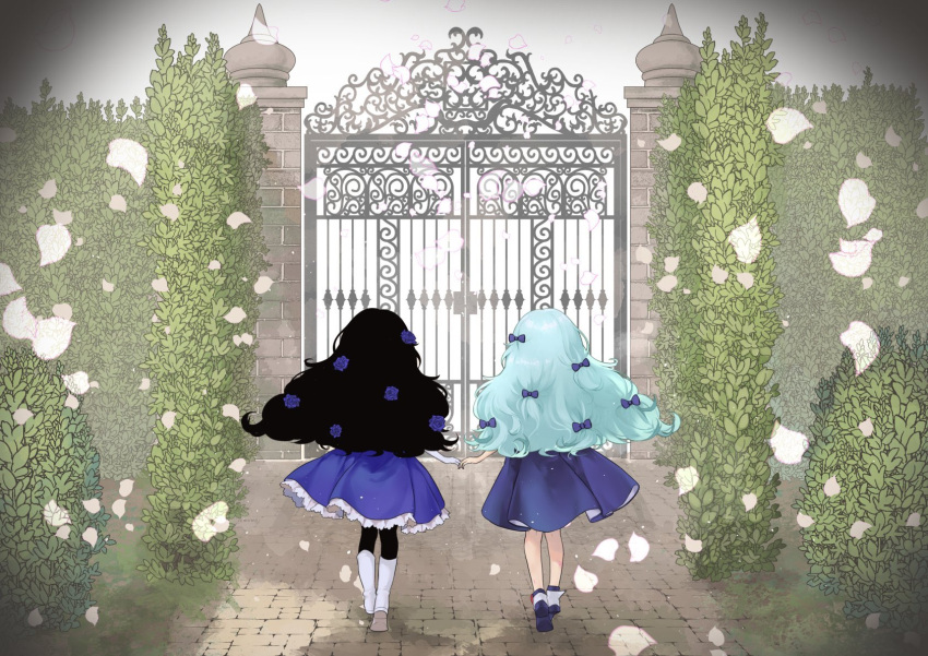 10momo 2girls aqua_hair barbara_(shadows_house) barbie_(shadows_house) big_hair black_hair black_skin blue_bow blue_dress blue_flower blue_footwear blue_rose boots bow bush colored_skin day dress facing_away flower from_behind garden gate gloves hair_bow hair_flower hair_ornament highres knee_boots light_particles living_doll_uniform long_hair long_sleeves multiple_girls outdoors pavement petals rose shadow_(shadows_house) shadows_house shoe_soles shoes side-by-side sunlight symmetrical_pose walking white_footwear white_gloves wide_shot