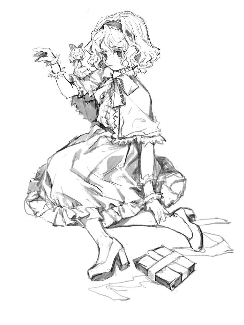 1girl 80isiiii absurdres alice_margatroid book capelet closed_mouth dress full_body greyscale grimoire_of_alice hairband high_heels highres lolita_hairband monochrome shanghai_doll short_hair simple_background sketch solo touhou white_background wrist_cuffs