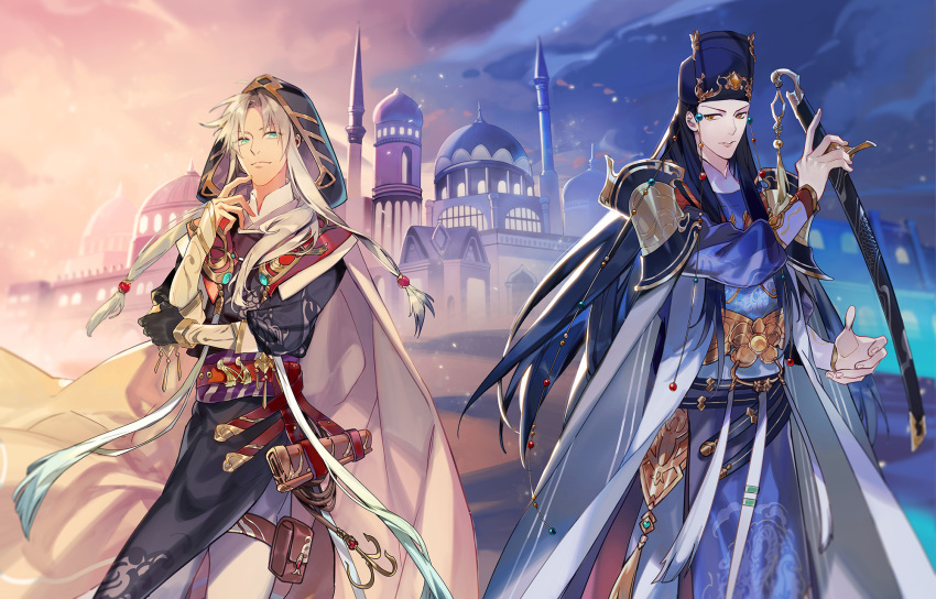 2boys aqua_eyes arabian_architecture arm_guards armor ayu_(auko2010) belt black_gloves black_hair black_headwear black_robe blue_robe boneless_carp_(the_tale_of_food) cape castle chinese_clothes closed_mouth clouds cowboy_shot dao desert east_longan_pearls_(the_tale_of_food) finger_to_mouth gloves gold_belt gradient_sky grappling_hook hair_over_shoulder hat highres holding holding_sword holding_weapon hood hood_up hooded_cape long_hair long_sleeves looking_at_viewer low_ponytail male_focus multiple_boys night pants parted_bangs parted_lips pelvic_curtain polar_opposites purple_sash red_belt robe sash scale_print sheath sheathed shoulder_armor sideways_glance single_glove sky smile standing sunset sword tassel the_tale_of_food thigh_pouch v-shaped_eyebrows weapon white_cape white_hair white_pants yellow_eyes