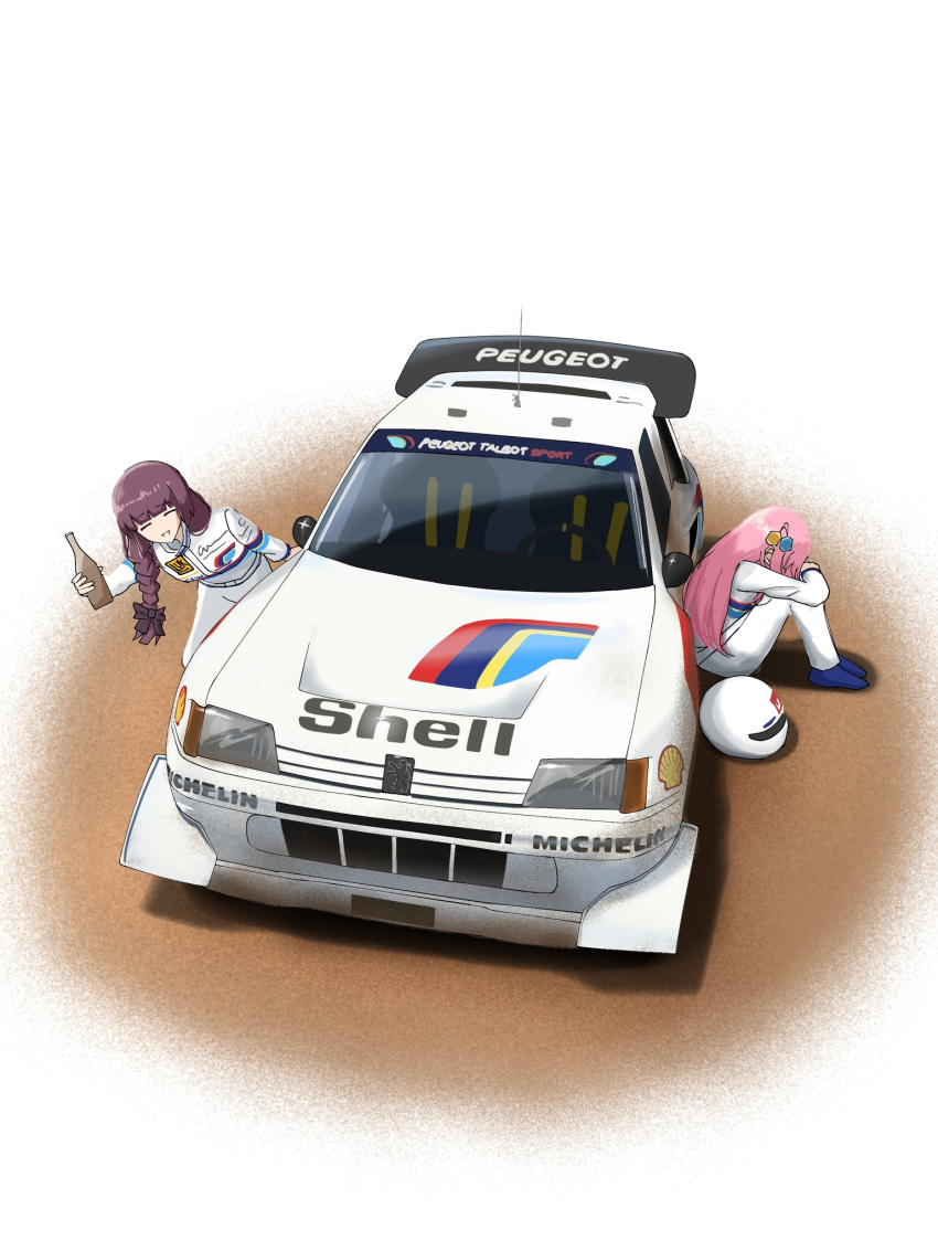 2girls =_= ari_vatanen ari_vatanen_(cosplay) blue_footwear bocchi_the_rock! bottle braid breasts car cosplay english_commentary gotoh_hitori hair_behind_ear headwear_removed helmet helmet_removed highres hiroi_kikuri holding holding_bottle hugging_own_legs jumpsuit medium_breasts michelin motor_vehicle multiple_girls parted_lips peugeot peugeot_205 race_vehicle racecar racing_suit radio_antenna rally_car real_life shadow shell_(company) side_braid sitting smile spoiler_(automobile) timo_salonen timo_salonen_(cosplay) toyeeta_prius vehicle_focus white_jumpsuit world_rally_championship