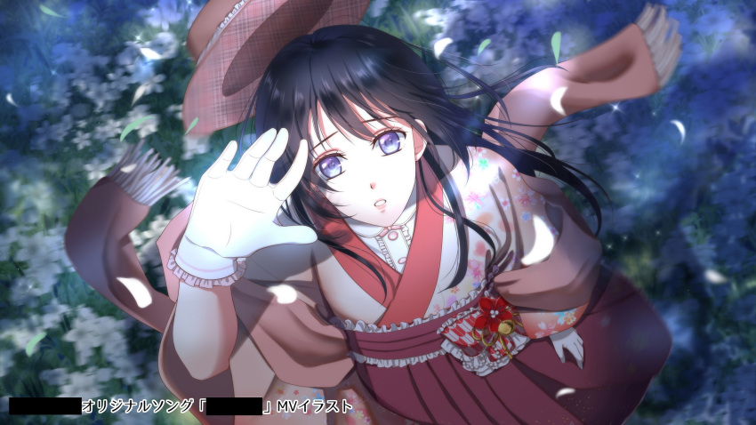 1girl bar_censor black_hair blurry blurry_background brown_headwear brown_scarf censored commission field flower flower_field gloves hakama hand_up hat hat_removed headwear_removed highres izumi_(stardustalone) japanese_clothes long_hair official_art outdoors parted_lips scarf shadow violet_eyes white_gloves wind
