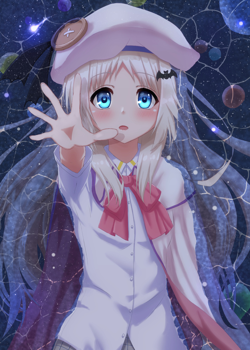1girl absurdres bat_hair_ornament beret black_ribbon blue_eyes blush bow capelet commentary_request dress_shirt eyelashes flat_chest floating_hair from_above grey_hair hair_ornament hat hat_ribbon highres kud_wafter little_busters! long_hair looking_at_viewer mashiroken07 noumi_kudryavka open_mouth outstretched_arm parted_bangs partially_submerged pink_bow reaching reaching_towards_viewer ribbon school_uniform shirt solo straight-on upper_body very_long_hair white_capelet white_headwear white_shirt