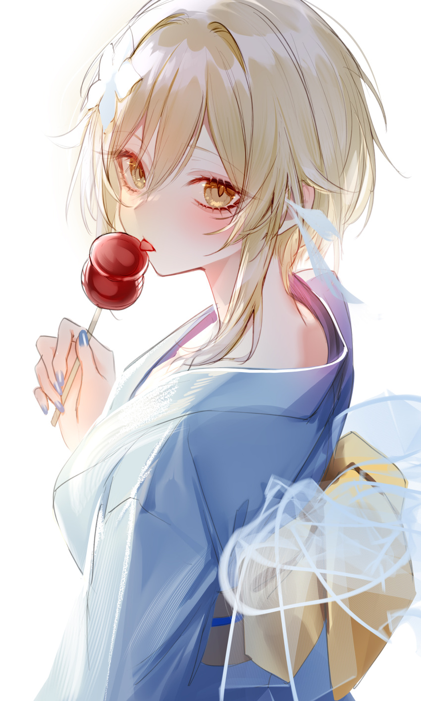 1girl absurdres blonde_hair blue_kimono blue_nails candy_apple flower food from_behind genshin_impact hair_flower hair_ornament highres holding holding_food japanese_clothes kimono looking_at_viewer looking_back lumine_(genshin_impact) nail_polish obi pottsness sash short_hair_with_long_locks sidelocks simple_background solo tongue tongue_out white_background white_flower yellow_eyes yellow_sash