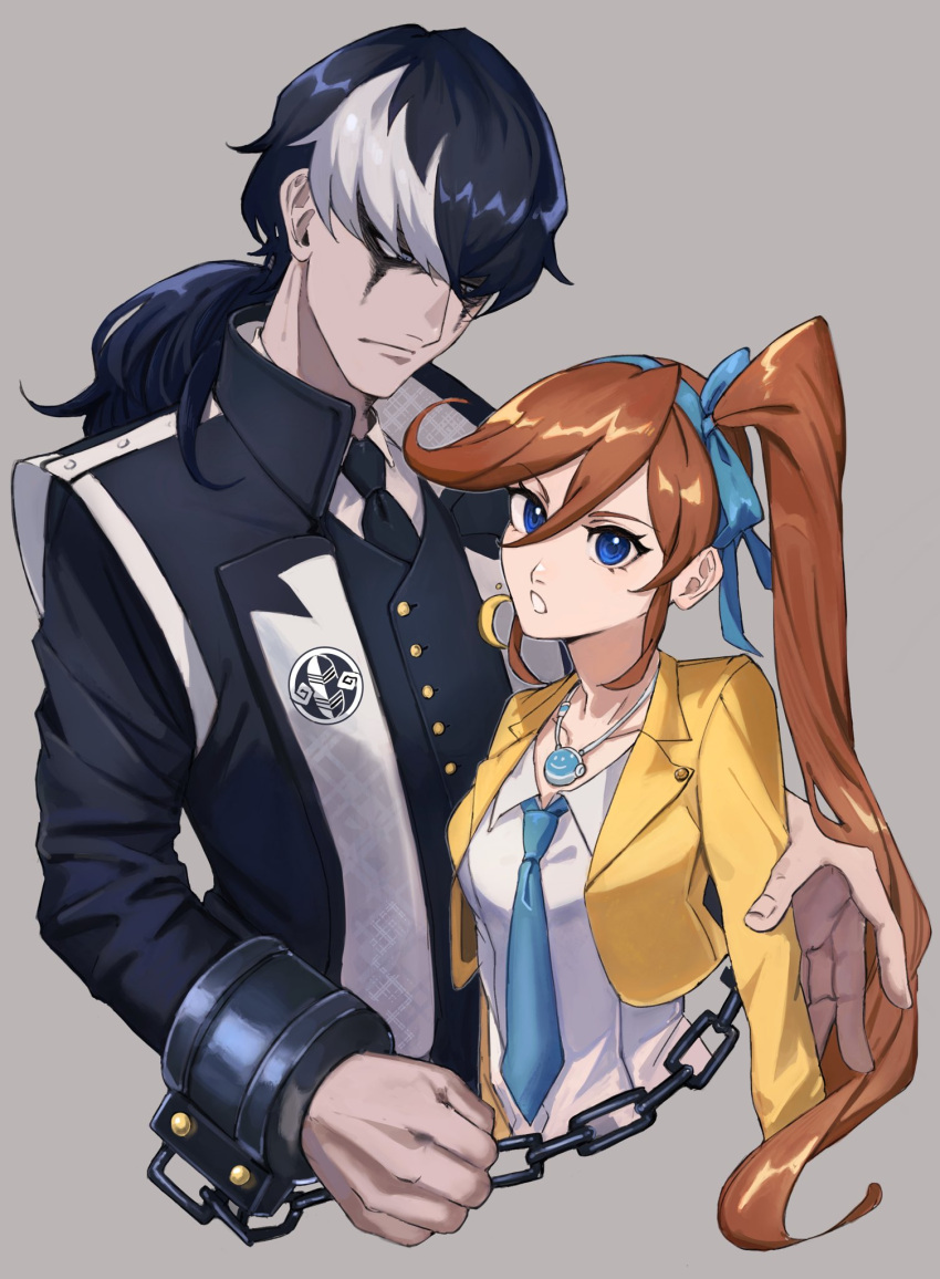 1boy 1girl ace_attorney athena_cykes black_hair black_jacket black_necktie black_vest blue_eyes blue_necktie chain closed_mouth collared_shirt crescent crescent_earrings cropped_jacket cropped_torso cross_shark cuffs earrings grey_background hair_between_eyes hair_ribbon highres jacket jewelry long_hair long_sleeves looking_at_another looking_at_viewer low_ponytail multicolored_hair necklace necktie open_clothes open_jacket open_mouth orange_hair ribbon shackles shirt side_ponytail simon_blackquill simple_background single_earring two-tone_hair upper_body vest white_hair white_shirt yellow_jacket