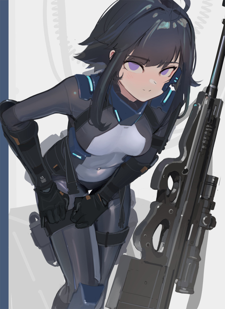 1girl absurdres adjusting_clothes black_hair blush bodysuit breasts commission cowboy_shot empty_eyes gauntlets gun highres holster knee_pads leaning_forward long_bangs looking_at_viewer medium_breasts navel original polilla rifle scope shiny_clothes simple_background smile solo thigh_holster tight_clothes violet_eyes weapon