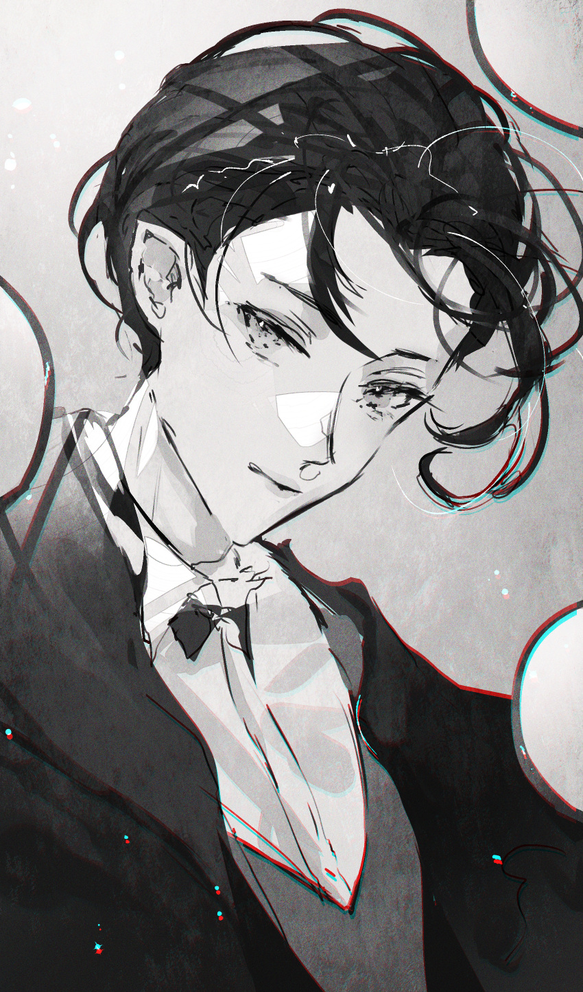 1boy :| absurdres bow bowtie closed_mouth collared_shirt expressionless fate/grand_order fate_(series) floating_hair formal greyscale hair_behind_ear highres jacket looking_at_viewer majamari male_focus monochrome open_clothes open_jacket portrait sherlock_holmes_(fate) shirt short_hair solo traditional_bowtie
