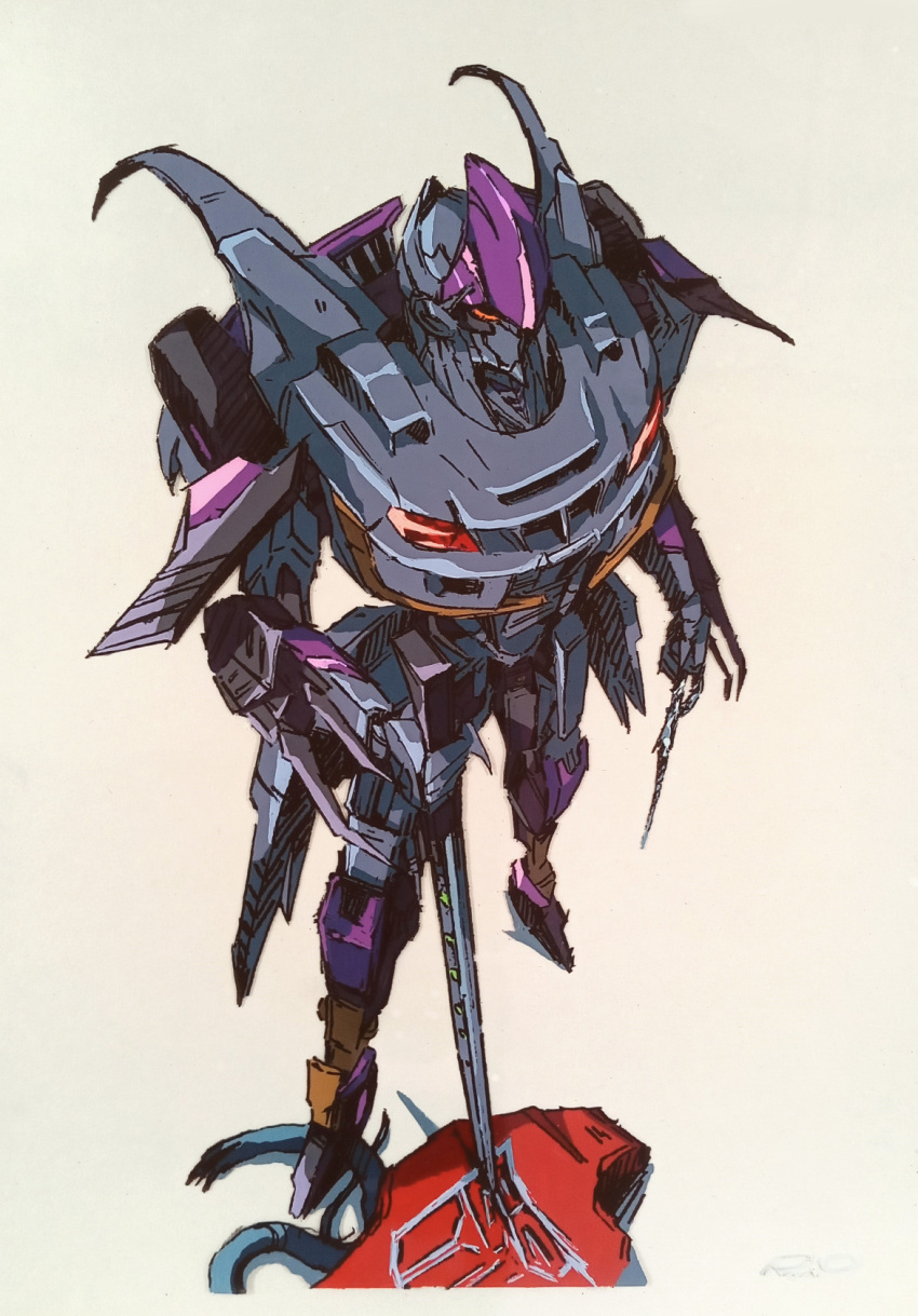 1980s_(style) from_above grey_background highres holding holding_sword holding_weapon marble-v mecha nightbird_(transformers) orange_eyes retro_artstyle robot science_fiction solo standing sword traditional_media transformers transformers:_rise_of_the_beasts transformers_(live_action) weapon