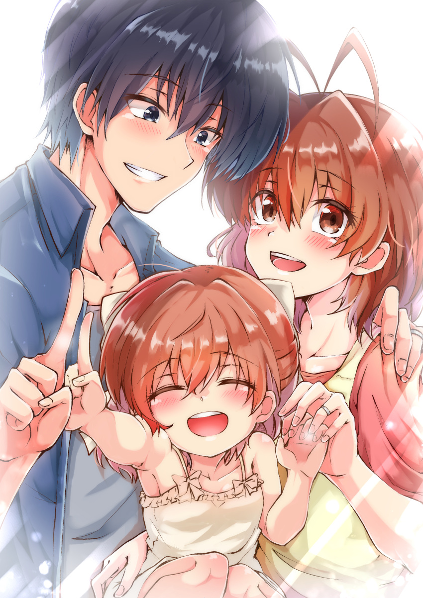 1boy 2girls :d ^_^ absurdres antenna_hair bare_arms blue_eyes blue_hair blue_jacket blush bow brown_eyes brown_hair casual clannad closed_eyes collarbone commentary_request couple dress dress_bow eyelashes eyes_visible_through_hair family father_and_daughter female_child fingernails furukawa_nagisa grin hair_between_eyes hair_bow hand_on_another's_shoulder hetero highres holding_hands index_finger_raised jacket jewelry looking_at_another looking_at_viewer medium_hair mother_and_daughter multiple_girls okazaki_tomoya okazaki_ushio open_mouth ring shinonome_mozuku short_hair simple_background smile spiky_hair teeth upper_teeth_only wedding_ring white_background white_bow white_dress