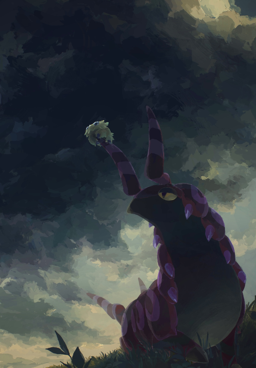 clouds cloudy_sky commentary_request from_below grass highres horns joltik looking_up no_humans outdoors penurodae pokemon pokemon_(creature) scolipede sky yellow_eyes