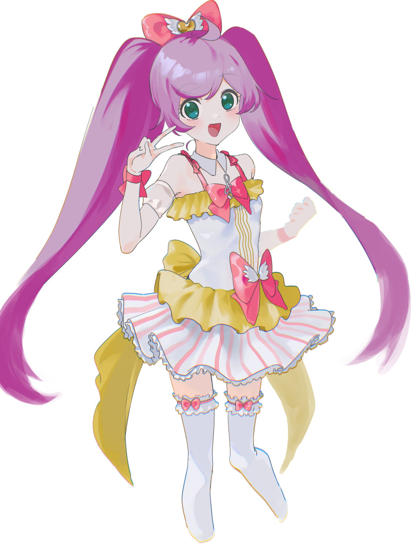 1girl absurdres blush bow breasts clenched_hand cropped_legs dress frilled_dress frills green_eyes hair_bow heart highres kurobeko_(kur0bek0) long_hair looking_at_viewer magical_girl manaka_lala open_mouth pink_bow pretty_(series) pripara purple_hair simple_background small_breasts solo thigh-highs twintails v very_long_hair white_background white_thighhighs