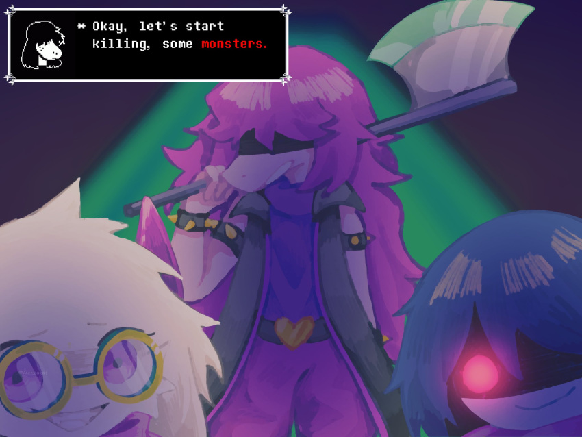 1boy 1girl 1other alicezakat animal_ears arm_at_side armlet artist_name axe belt belt_buckle black_coat blue_hair blurry blurry_background body_fur bracelet buckle closed_mouth coat colored_skin commentary cowboy_shot deltarune english_commentary english_text fangs flat_chest furry furry_female furry_male glasses glowing glowing_eye goat_boy goat_ears green-framed_eyewear green_background grey_skin grin hand_up happy heart highres holding holding_axe jewelry kris_(deltarune) long_hair open_clothes open_coat open_mouth over_shoulder pants pince-nez pink_hair pink_horns pink_pants pink_skin purple_shirt raised_eyebrows ralsei red_eyes round_eyewear shaded_face shirt short_hair sidelocks signature sleeveless sleeveless_coat sleeveless_shirt smile snout spiked_armlet spiked_bracelet spikes susie_(deltarune) talking teeth twitter_username very_long_hair violet_eyes weapon weapon_over_shoulder white_fur