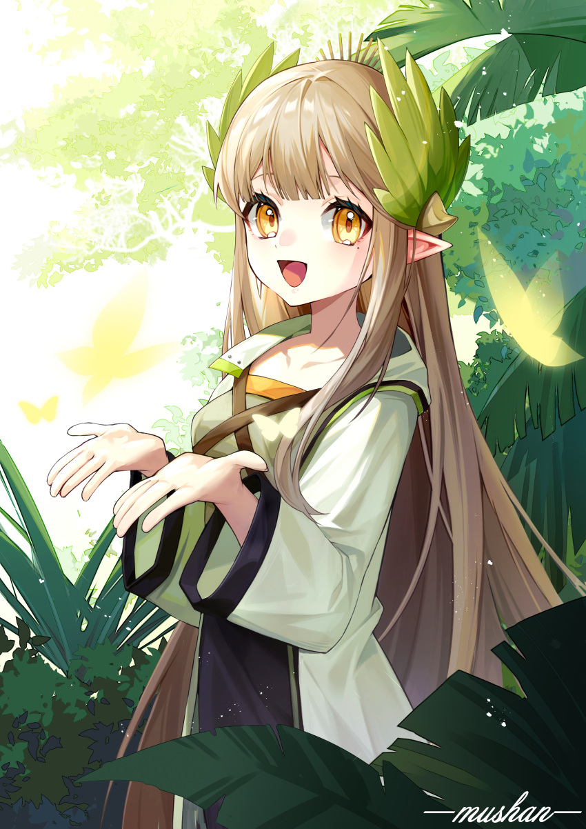 1girl :d absurdres arknights artist_name black_skirt brown_hair bug butterfly coat commentary_request cowboy_shot green_shirt hands_up highres hooded_coat laurels leaf long_hair long_skirt long_sleeves looking_at_viewer mole mole_under_eye muelsyse_(arknights) open_mouth plant pointy_ears shirt shui_mu_mu_shan skirt smile solo very_long_hair white_coat yellow_eyes