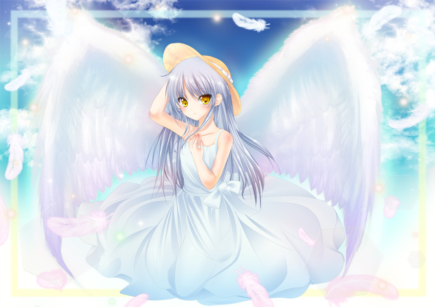 alternate_costume angel angel_beats! angel_wings arm_up bare_arms blue_sky blush bow closed_mouth clouds collarbone commentary dress dress_bow eyes_visible_through_hair falling_feathers feathered_wings feathers full_body hair_between_eyes hand_up hat hat_ribbon highres light_smile long_hair looking_at_viewer ralicejuri ribbon sitting sky straight_hair straw_hat sundress tachibana_kanade white_bow white_dress white_feathers white_hair white_ribbon white_wings wings yellow_eyes