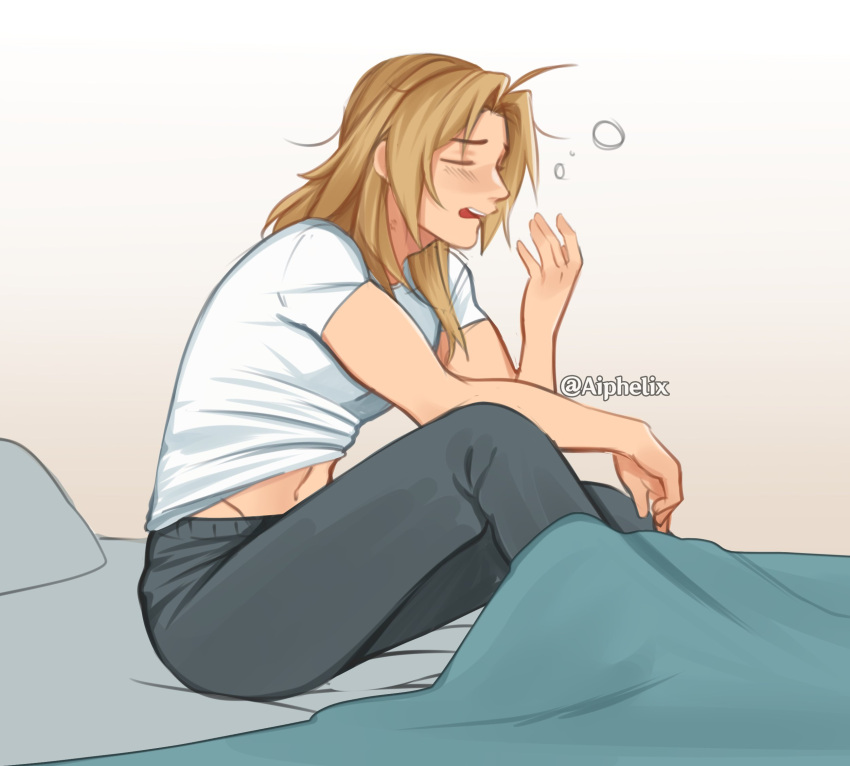 1boy accidental_exposure ahoge aiphelix bed_sheet bedroom blonde_hair blush closed_eyes clothes_lift commentary edward_elric english_commentary fullmetal_alchemist grey_pants highres long_hair male_focus navel on_bed open_mouth pants pillow shirt shirt_lift sitting sleepy t-shirt under_covers waking_up white_shirt yawning