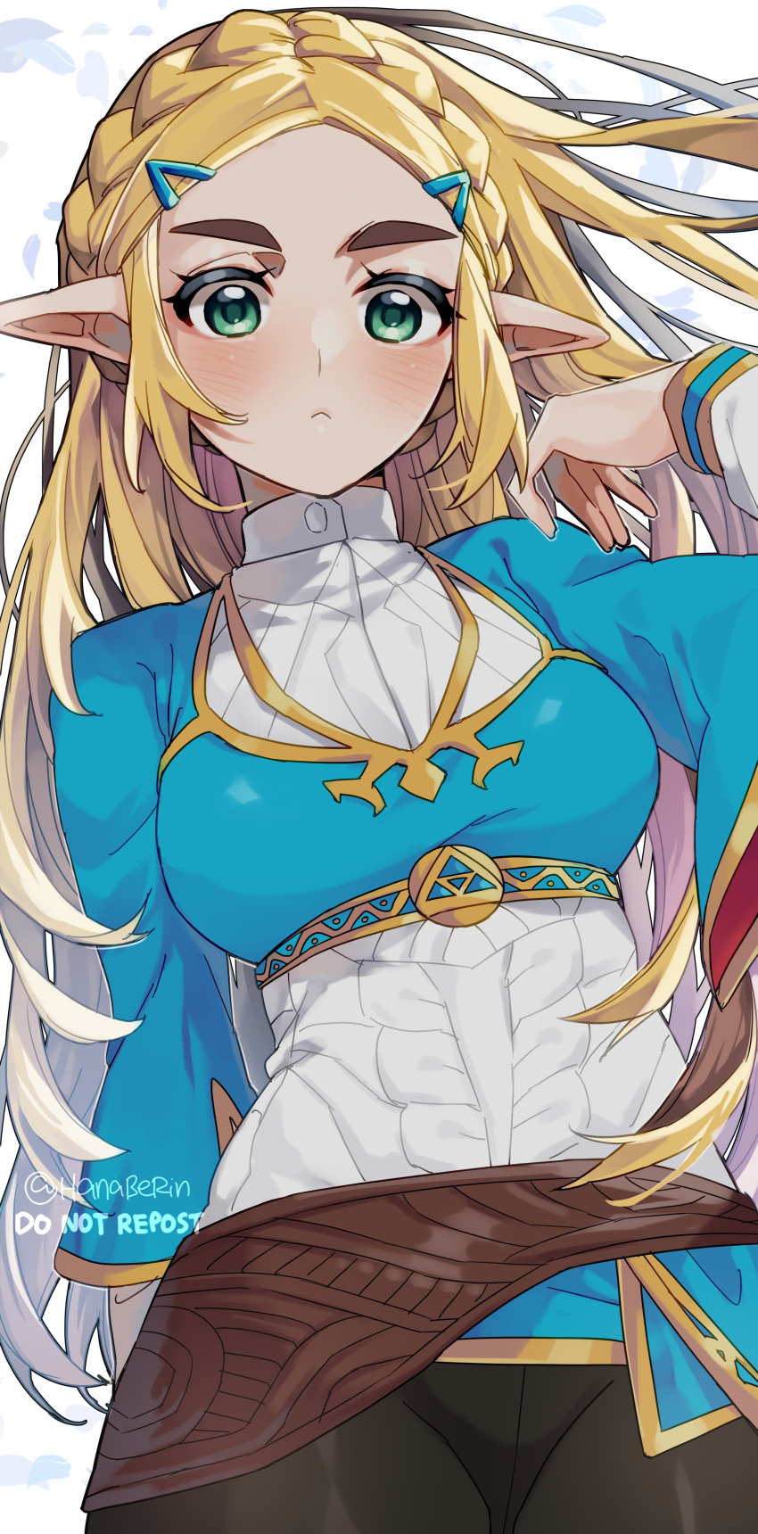 1girl absurdres blonde_hair blue_eyes blush braid breasts brown_pants closed_mouth crop_top crown_braid frown green_shirt hair_ornament hairclip hanabelink hand_up highres jewelry large_breasts long_hair long_sleeves pants parted_bangs pointy_ears princess_zelda shirt solo standing the_legend_of_zelda the_legend_of_zelda:_breath_of_the_wild wavy_hair