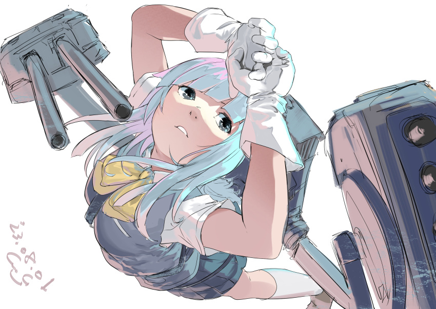 1girl adapted_turret blue_hair blunt_bangs bow bowtie cannon collared_shirt dress_shirt from_above gegeron gloves grey_eyes grey_skirt grey_vest hatsukaze_(kancolle) highres kantai_collection light_blue_hair looking_up machinery one-hour_drawing_challenge parted_lips pleated_skirt school_uniform shirt simple_background skirt solo turret vest white_background white_gloves white_shirt yellow_bow yellow_bowtie