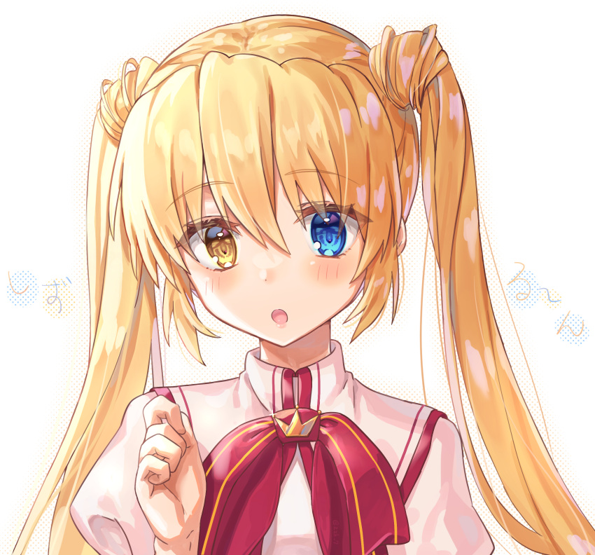 1girl :o absurdres angel_beats! blonde_hair blue_eyes blush character_name close-up commentary_request dress eyelashes eyes_visible_through_hair hair_between_eyes hand_up heterochromia highres juliet_sleeves kazamatsuri_institute_high_school_uniform long_hair long_sleeves looking_at_viewer nakatsu_shizuru open_mouth pink_dress puffy_sleeves red_ribbon rewrite ribbon school_uniform simple_background solo straight_hair twintails white_background yellow_eyes zuzuhashi