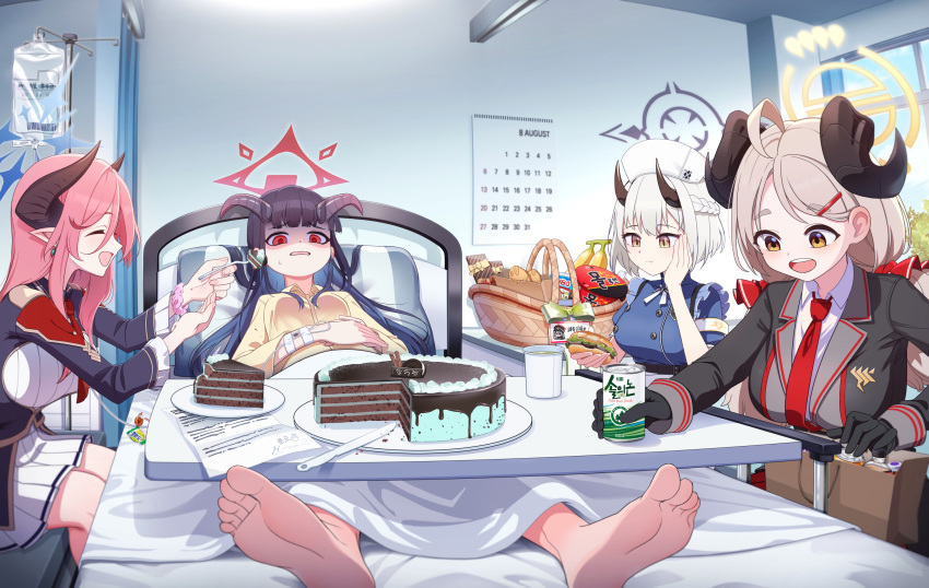 4girls :d ahoge alternate_costume bag banana barefoot bed bed_sheet black_gloves black_hair blanket blazer blue_archive blue_sky blunt_bangs blurry braid brown_eyes burger calendar_(object) cameo can candy chocolate chocolate_bar collared_shirt commentary_request demon_girl demon_horns depth_of_field feeding food fork fruit fuuka_(blue_archive) gloom_(expression) gloves grey_hair hair_between_eyes hair_ornament hairclip halo haruna_(blue_archive) hat highres holding holding_can holding_food holding_fork horns hospital hospital_bed hospital_gown indoors intravenous_drip izumi_(blue_archive) jacket juri_(blue_archive) long_hair low_twintails lying mnnnya multiple_girls necktie note nurse nurse_cap on_back paper_bag picnic_basket pill pink_hair pointy_ears ramen red_eyes red_necktie school_uniform sena_(blue_archive) shirt short_hair sick sidelocks single_braid sky smile soles sweatdrop table taiyaki tiramisu toes translation_request twintails wagashi window