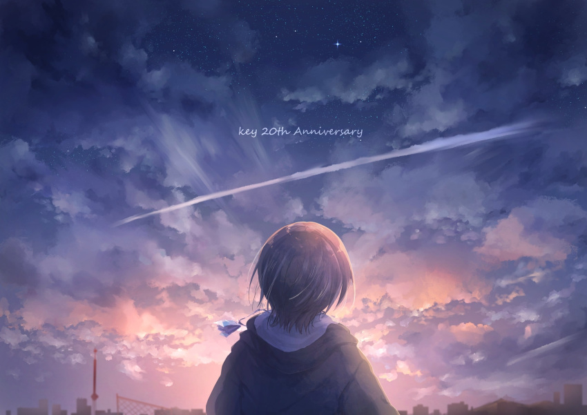 1boy brown_hair charlotte_(anime) clouds cloudy_sky commentary_request dusk english_text from_behind highres hood hood_down hoodie night otosaka_yuu outdoors serinaga_fuyu short_hair sky solo star_(sky) starry_sky upper_body wide_shot