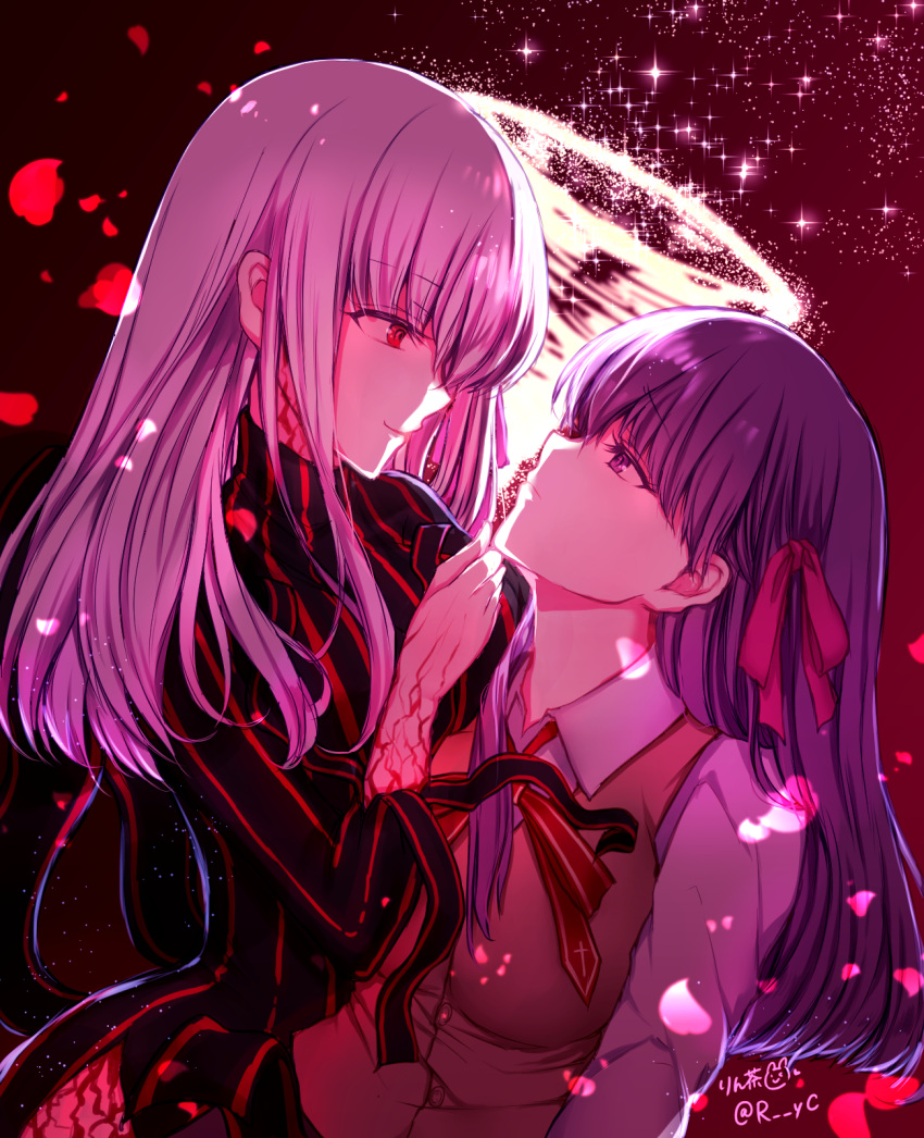 2girls backlighting black_dress breasts brown_sweater_vest closed_mouth commentary_request cross_print dark_persona dark_sakura dress eye_contact eyelashes falling_petals fate/stay_night fate_(series) from_side frown hair_between_eyes hand_on_another's_chin hand_up heaven's_feel highres large_breasts lips long_hair looking_at_another matou_sakura multiple_girls nose petals profile purple_hair red_background red_eyes red_ribbon ribbon rincha_(rinrinrincha) selfcest shirt sidelocks signature simple_background smile sparkle straight_hair sweater_vest twitter_username upper_body violet_eyes white_hair white_shirt