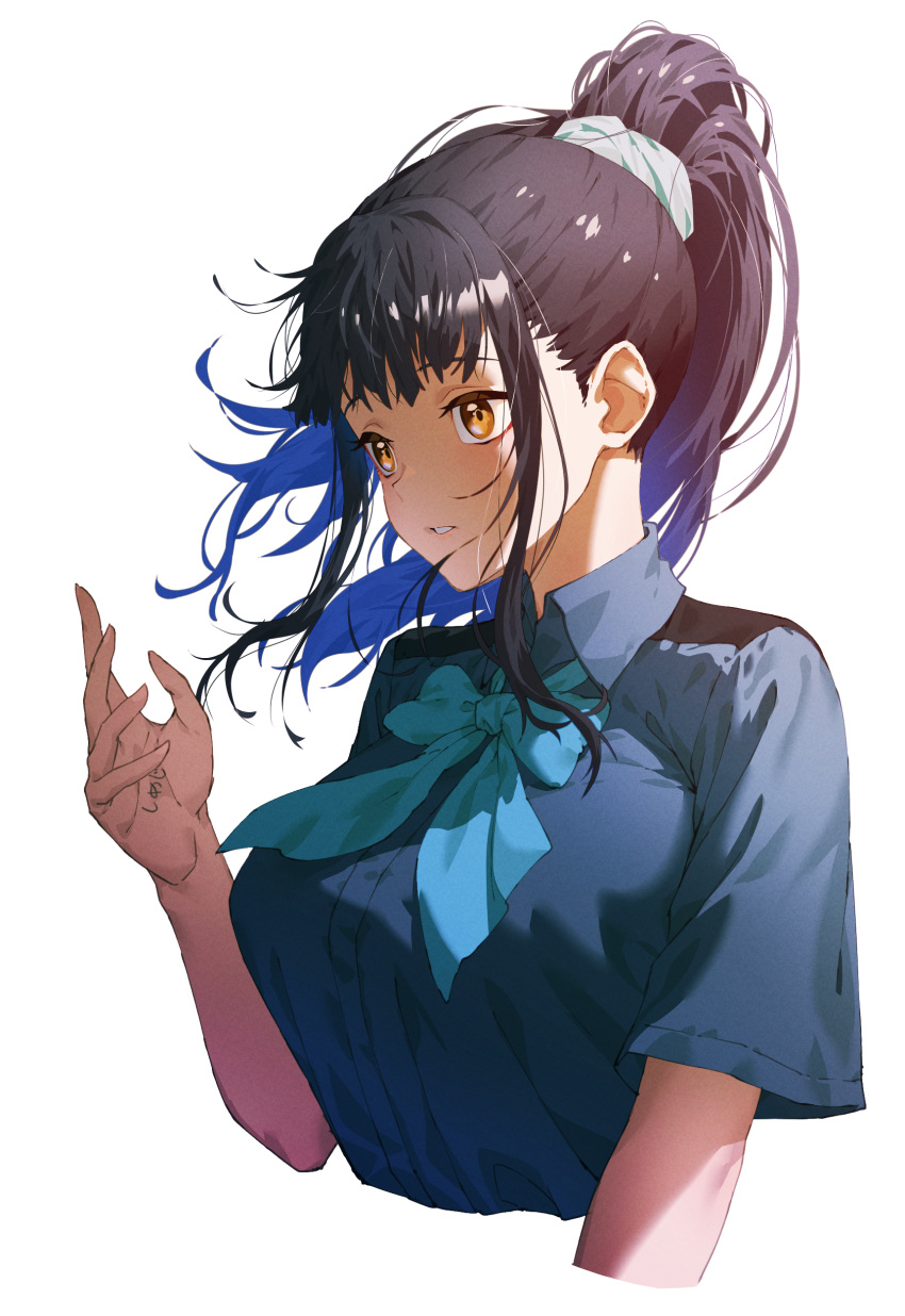 1girl absurdres black_hair blue_ribbon blue_shirt breasts clenched_teeth cozy highres large_breasts long_hair neck_ribbon open_mouth original ponytail ribbon shirt short_sleeves simple_background solo teeth uniform upper_body white_background yellow_eyes