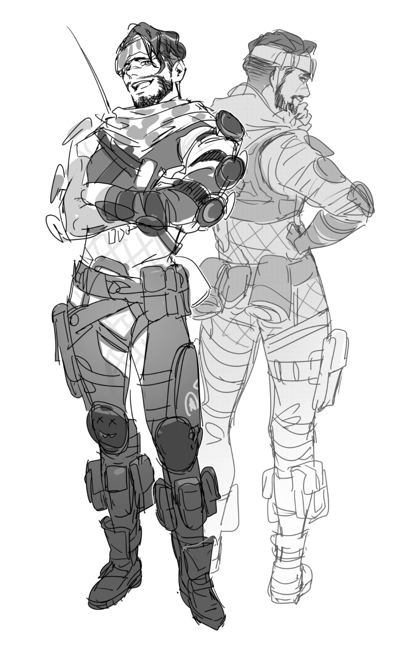 1boy animification apex_legends belt bodysuit boots checkered_clothes checkered_scarf crossed_arms facial_hair goatee goggles goggles_on_head greyscale hair_behind_ear highres knee_pads male_focus mirage_(apex_legends) monochrome multiple_views open_mouth pouch radio_antenna scarf sketch smile thundergotch white_background