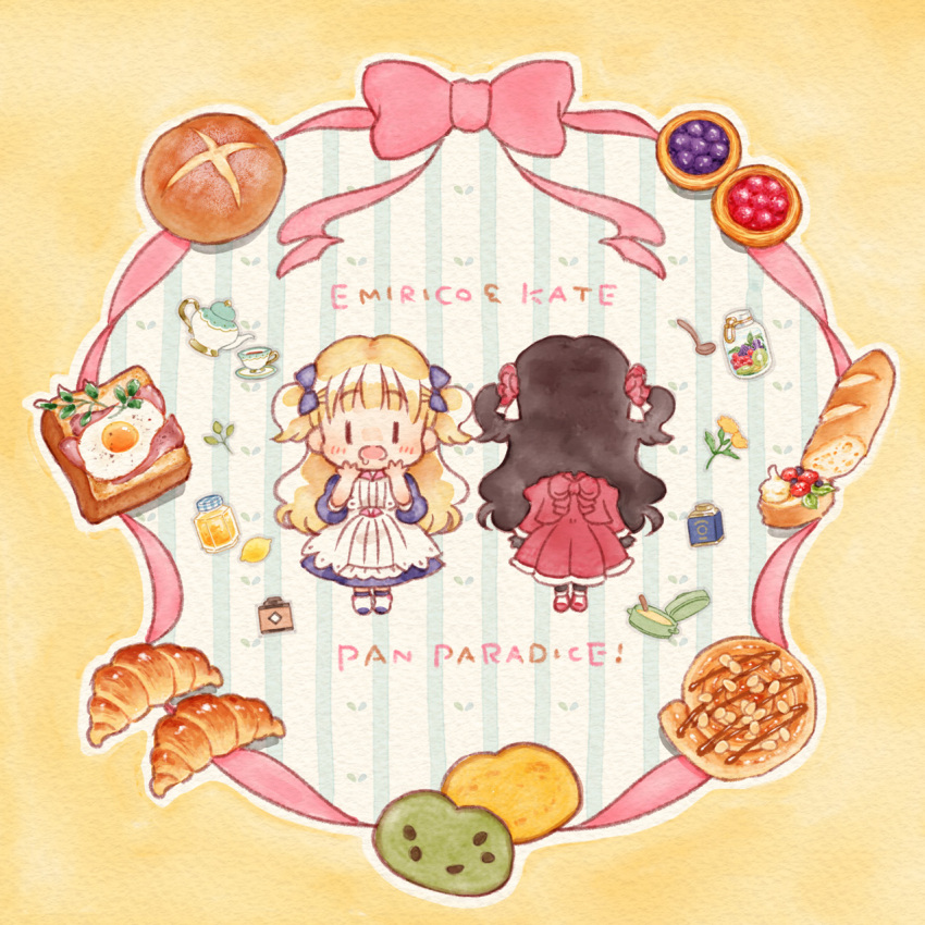 2girls apron arms_at_sides arms_up baguette black_hair blonde_hair blue_bow blue_dress blue_eyes blueberry_tart boots bow bowtie bread bread_slice character_name chibi collared_dress cooking_pot croissant cup dress drooling emilico_(shadows_house) flower food fried_egg fried_egg_on_toast fruit fruit_tart glass hair_bow hair_flower hair_ornament happy highres jacket jam jar lace-trimmed_apron lace_trim lemon living_doll_uniform long_hair looking_at_viewer multiple_girls open_mouth pink_bow pink_ribbon piru_oka red_bow red_bowtie red_dress red_flower red_footwear red_jacket ribbon shadows_house side-by-side socks soup standing striped striped_background tart_(food) tea tea_set teacup teapot toast two_side_up vertical_stripes white_footwear white_socks wooden_spoon yellow_background yellow_flower