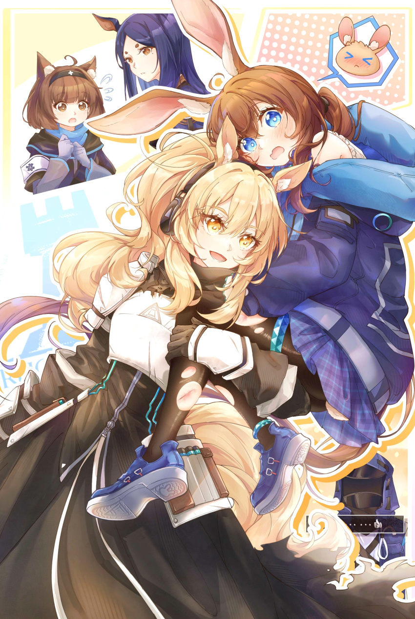 &gt;_&lt; 1other 4girls :d absurdres ahoge amiya_(arknights) animal_ear_fluff animal_ears arknights armor bare_shoulders black_dress black_gloves black_hairband black_pantyhose blonde_hair blue_eyes blue_footwear blue_jacket blush breastplate brown_eyes brown_hair closed_eyes closed_mouth commentary_request cuts dobermann_(arknights) doctor_(arknights) dog_ears dress ear_protection flying_sweatdrops gloves hacko hair_between_eyes hairband highres hood hood_down hooded_jacket horse_ears horse_girl horse_tail injury jacket long_hair long_sleeves multiple_girls nearl_(arknights) nose_blush open_mouth pantyhose parted_bangs plaid plaid_skirt ponytail puffy_long_sleeves puffy_sleeves purple_hair purple_skirt rabbit_ears rhodes_island_medic_(arknights) shirt shoe_soles shoes short_eyebrows skirt sleeveless sleeveless_shirt smile spoken_expression tail thick_eyebrows torn_clothes torn_pantyhose very_long_hair
