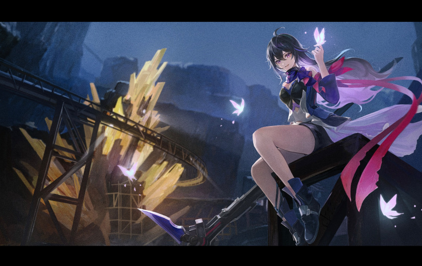 1girl :d ahoge anna_(drw01) armband bare_shoulders black_hair black_shirt black_shorts boots cliff crystal detached_sleeves floating_hair full_body grin highres holding holding_scythe honkai:_star_rail honkai_(series) knee_up legs_apart letterboxed long_hair long_sleeves night open_mouth outdoors purple_footwear purple_scarf purple_sleeves red_ribbon ribbon scarf scythe seele_(honkai:_star_rail) shirt shorts sitting sleeveless sleeveless_shirt smile solo teeth violet_eyes